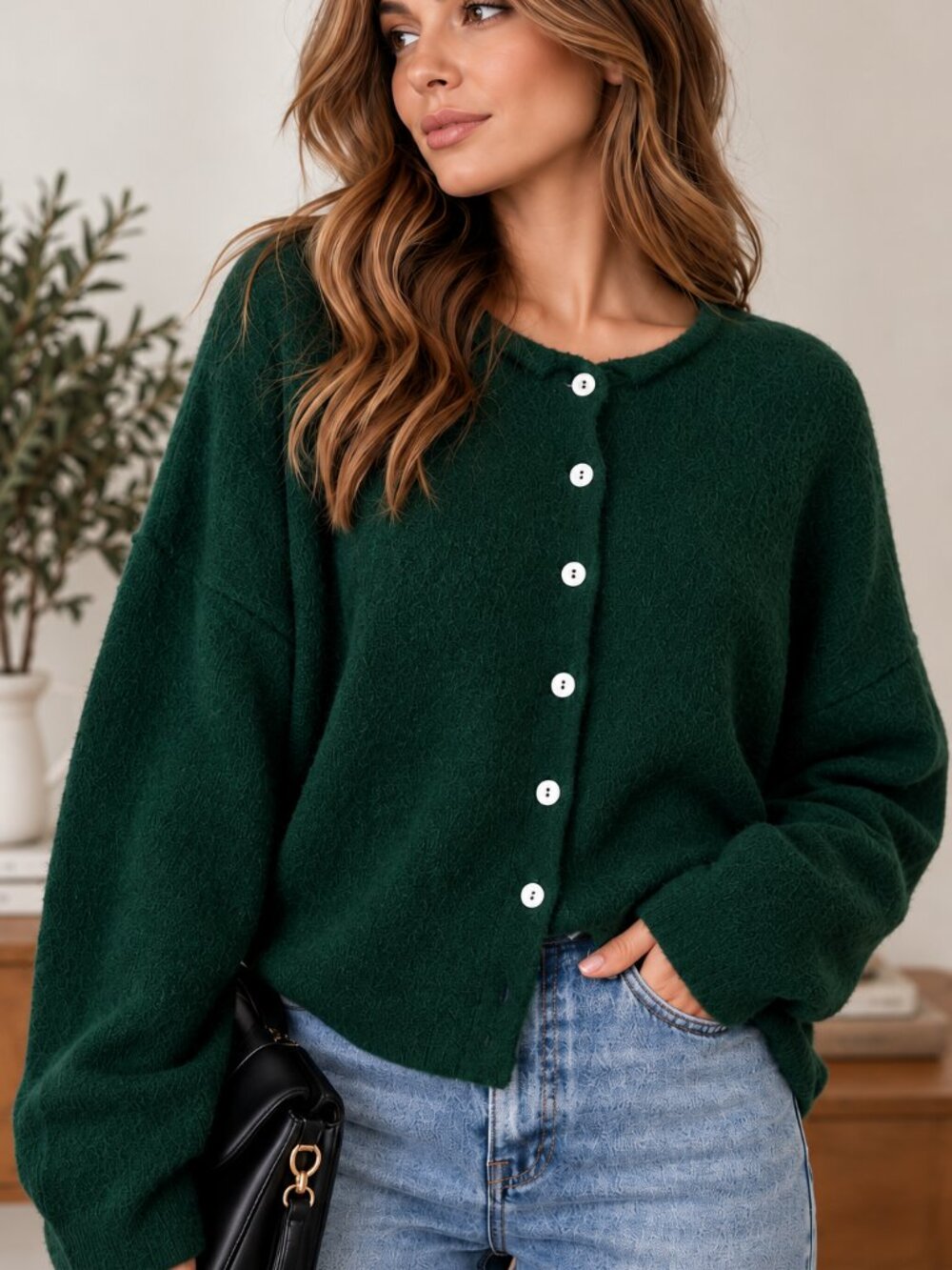 Things Between Fuzzy Green Button Front Cardigan Sweater Size L NWT